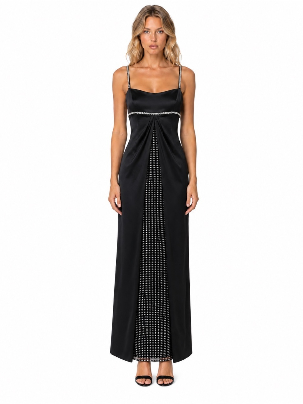 Retrofête Black Crystal Mesh Satin Gown S NWOT Sample